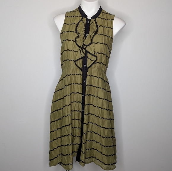 Anthropologie Dresses & Skirts - Anthro Postmark Green Black Sleeveless Cotton Ruffle Midi Dress 6